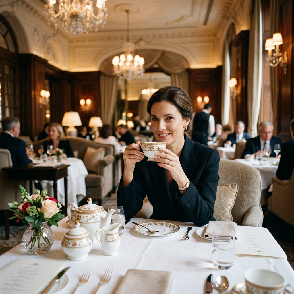 Elegant afternoon tea in luxury setting Woman in black suit sipping tea at a fine dining table with china tea set
